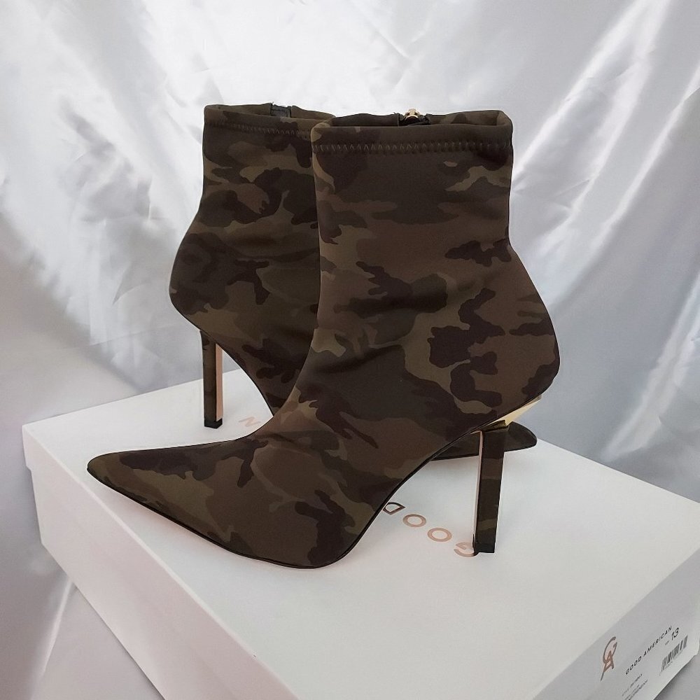 Good American Camo Neoprene Heel Booties NWT